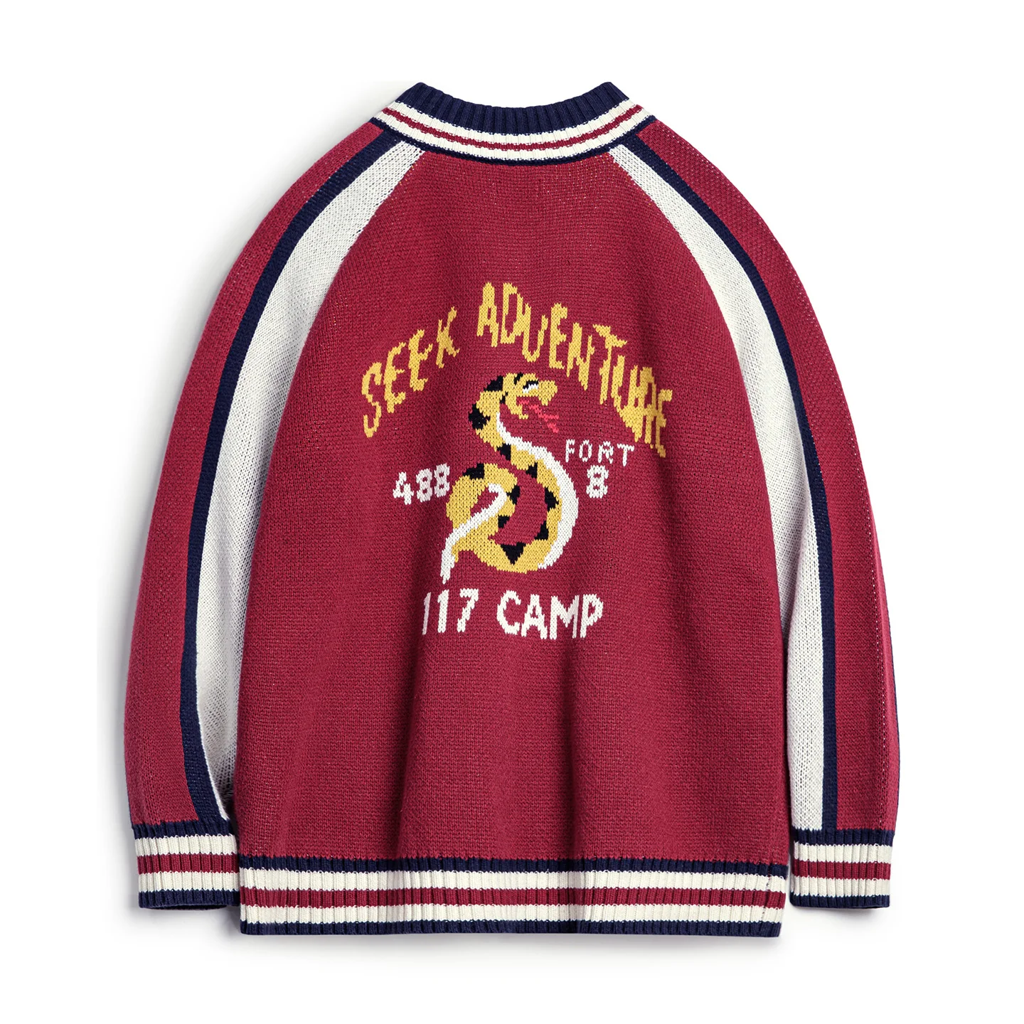 Maden Cárdigan con cremallera bordado estilo Yokosuka para hombre, suéter de punto con patrón de serpiente, abrigo cálido rojo para otoño e invierno