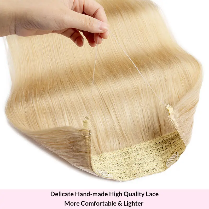 Human Hair Extensions Clip In Hair Long Straight Fish Line With Clip One Piece Halo Hair Extensions Remy Human Hair Blonde Color - view 3