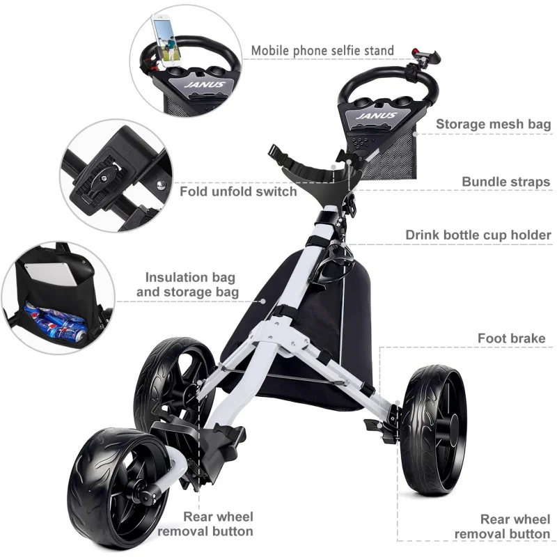 AQJANUS ,Foldable Push , , Pull cart with Phone Holder and Storage Bag. Golf Caddy had Large W