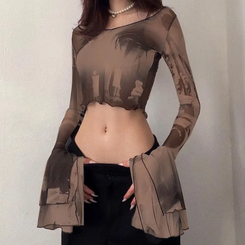 Printed Long-Sleeved T-Shirt American Short Style Women Navel-Baring Fungus Chic Sexy Street Style Top