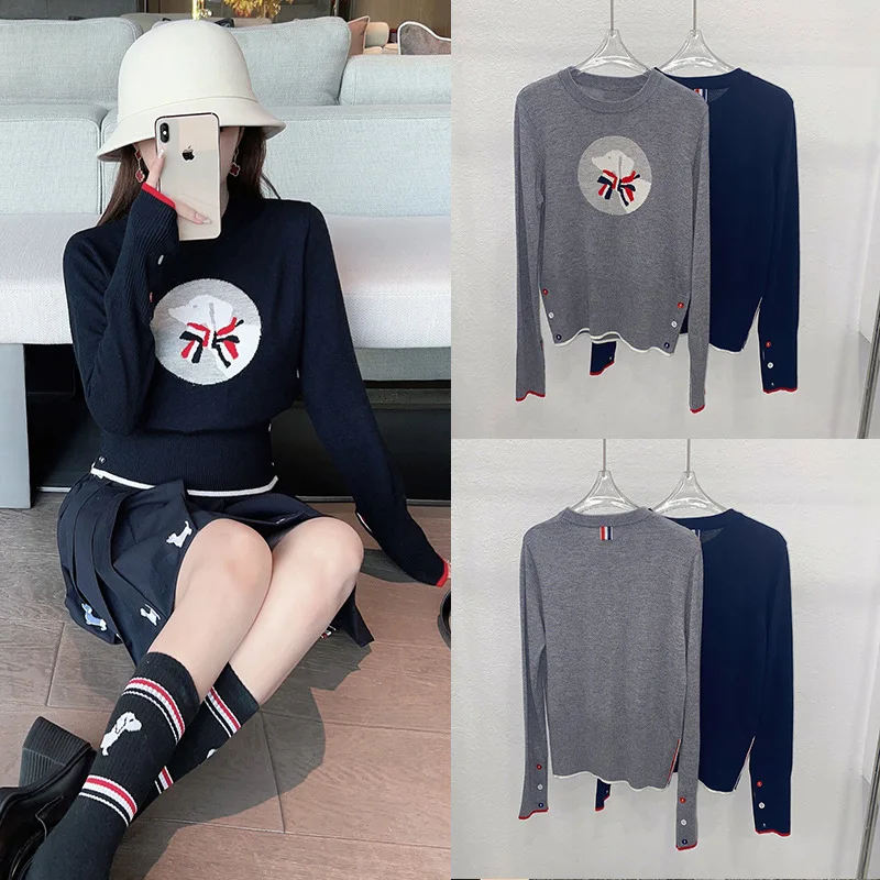 Cartoon Puppy Bow Stripe Jacquard Fashion Brand Wool Knitted Women's Sweater Harajuku Loose Winter Casual O-neck Pullover Tops