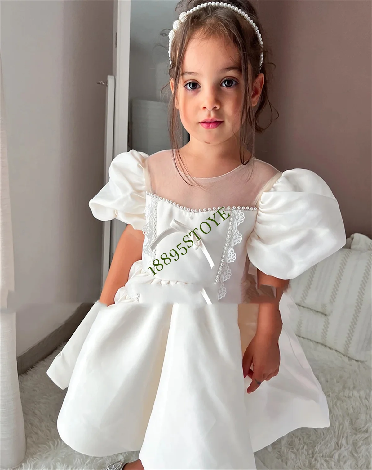 Baby Girl's Dress Elegant Puffy Sleeves Flower Girl Dresses 2024 Princess Sparkly Pearls Beading Kids Party First Communion Gown