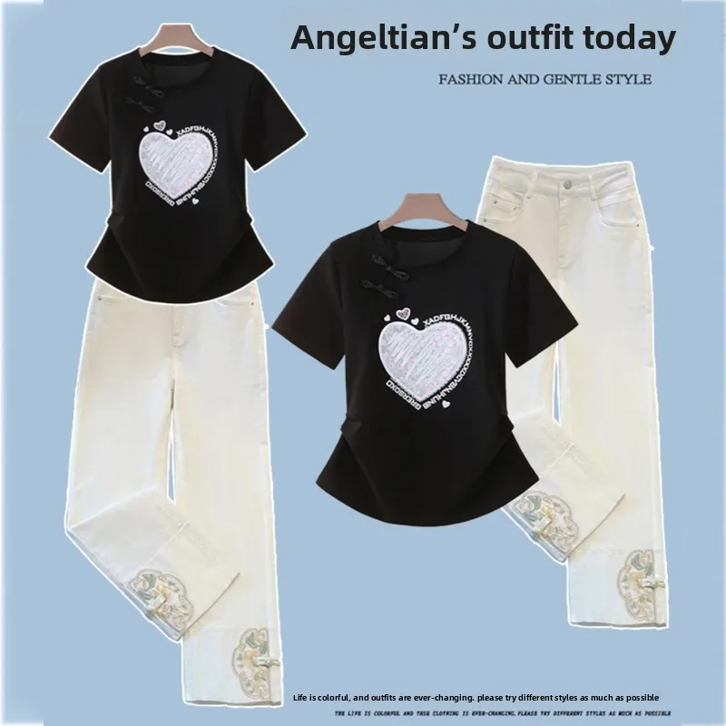 

Новая китайская футболка с цветочным принтом ort Sve, женская летняя футболка с высокой талией для похудения, прямой комплект джинсов