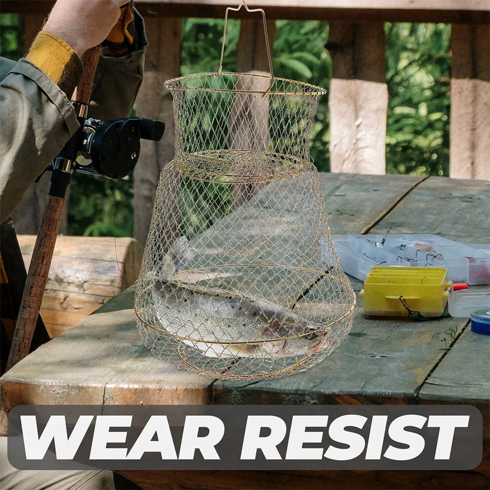 

Portable Collapsible Metal Fish Guard 14x25x40cm Large Capacity Fishing Basket Mesh Net Crab Net Fish Catching Storage Bag
