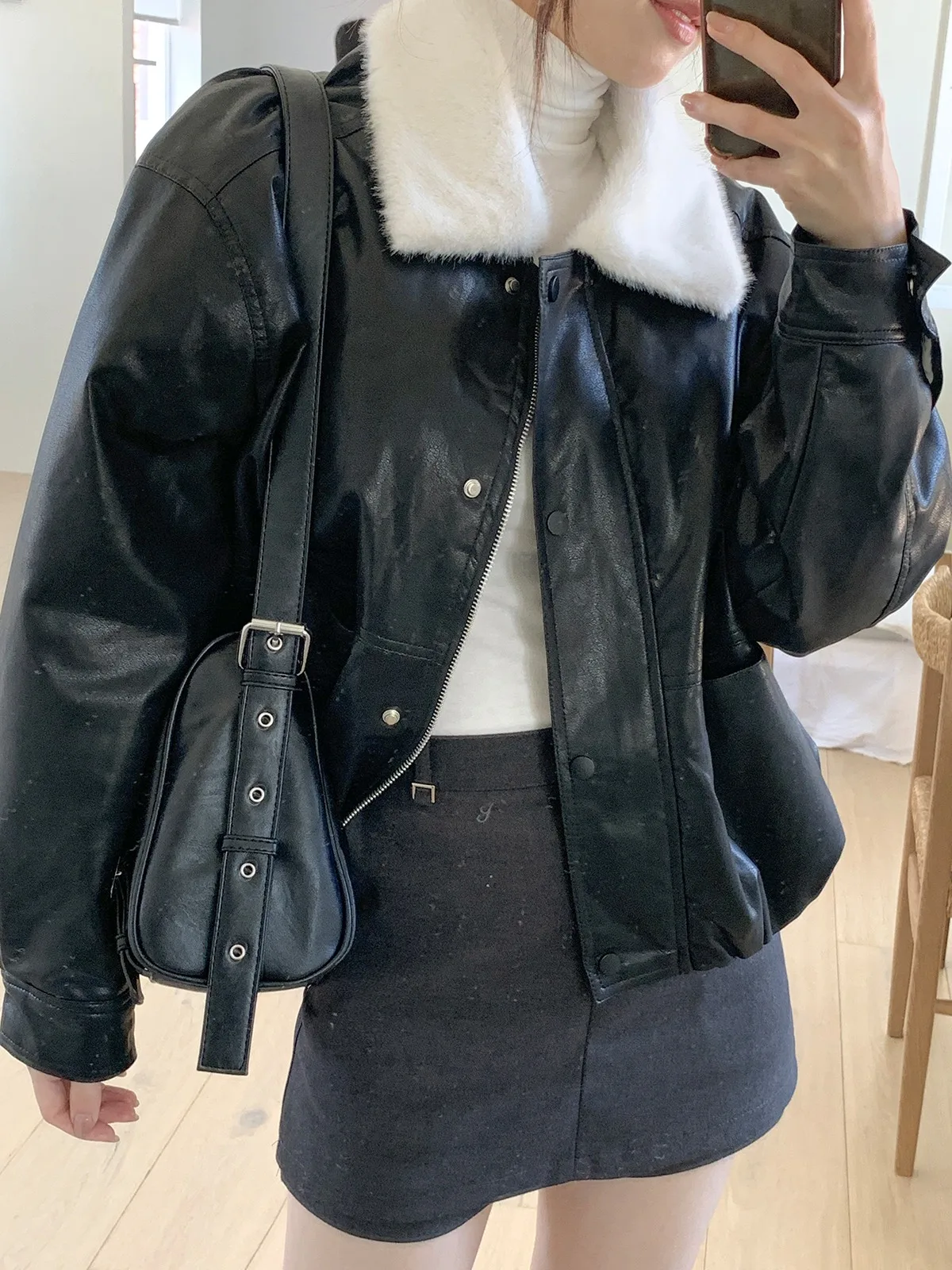 Retro pele de cordeiro couro do plutônio jaet ort outerwear feminino inverno flip gola de pele quente hong sle legal picante roupas da motocicleta