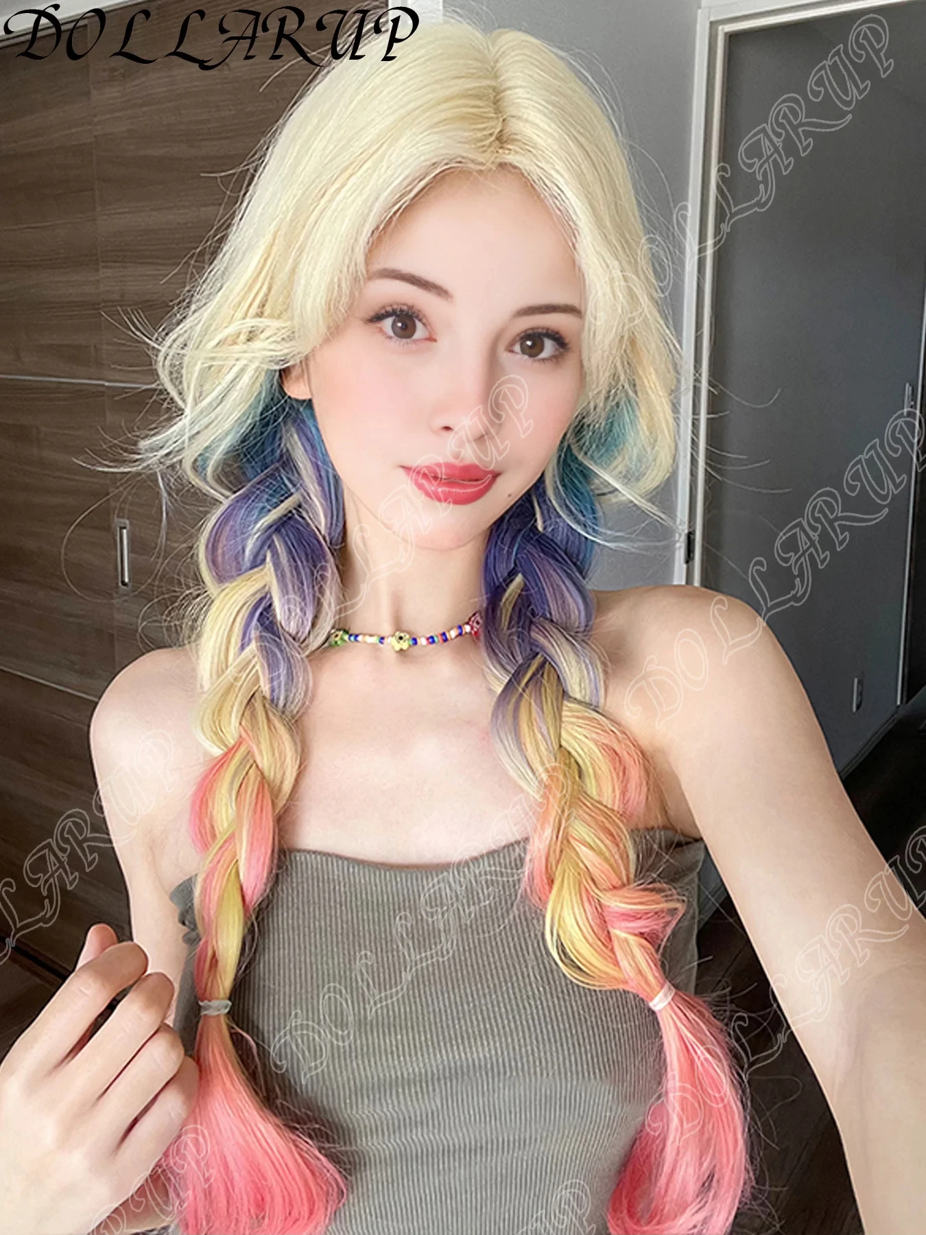 JKL Dopamine Girl Style Blonde Mix Multicolour Synthetic Wigs Middle Part Long Wavy Hair Wig For Women Cosplay Heat Resistant