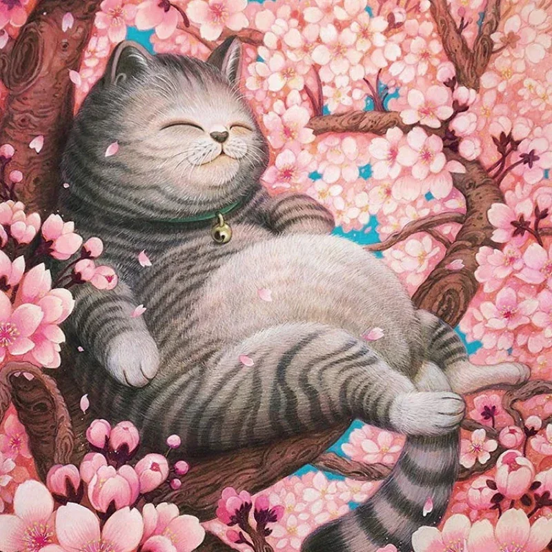 38*26cm Adults 1000 Pieces Paper Jigsaw Puzzles Cherry Blossom&Cat Cute Animals Paintings Stress Reducing Toys Christmas Gifts