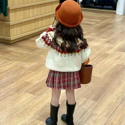 Children Clothing Set Girls 2023 Winter New Fashionable Korean Style Girls Retro Sweater Crewneck Pullover Sweater Skirt Set