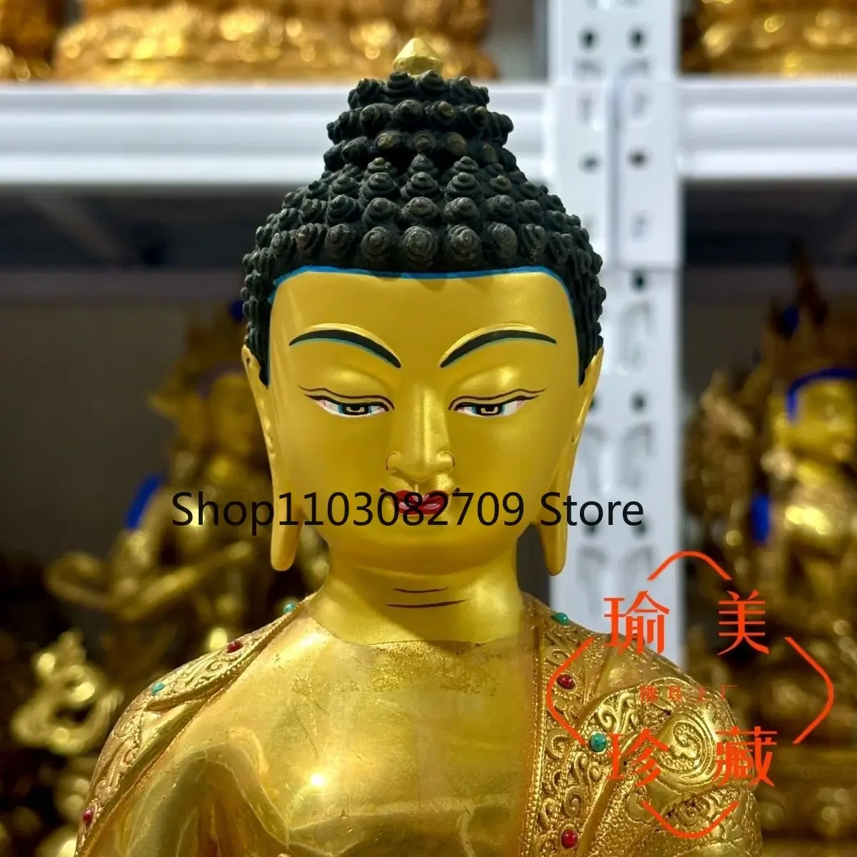 10-Inch pure copper gilt Buddha statue of Amitabha Buddha in Tibet Seiko-inlaid gemstone 32cm one-foot bronze statue