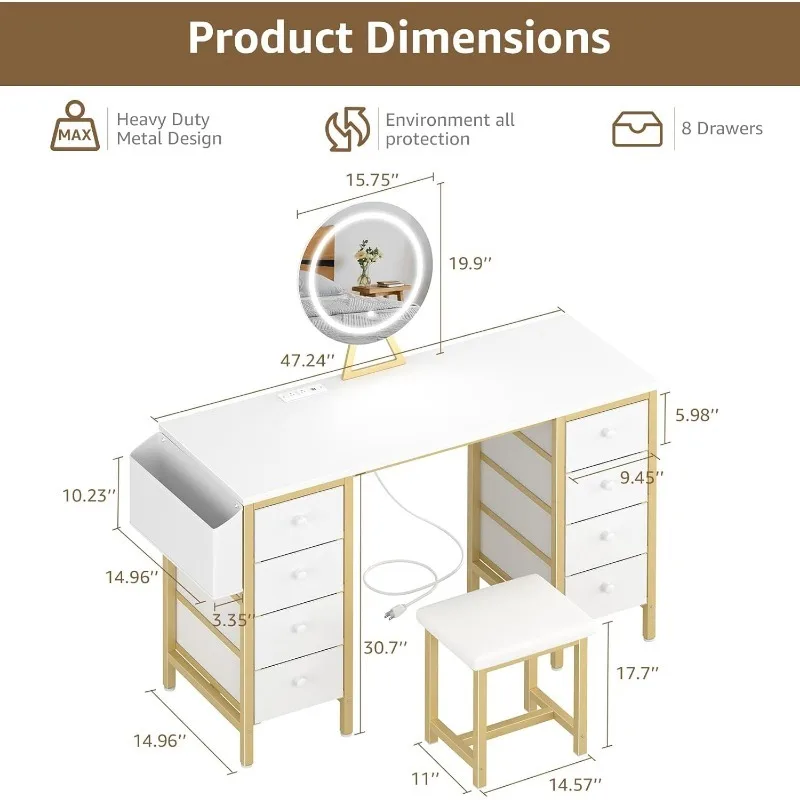 Туалетный столик для макияжа с местом для хранения и зеркалом с подсветкой — золотой туалетный столик с зеркалом и подсветкой, 8 больших тканевых ящиков