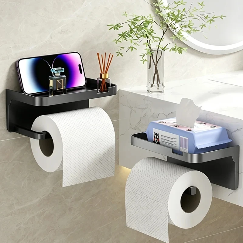 No-Drill Bathroom Toilet Paper Holder with Shelf, Wall Mounted Tissue Roll Dispenser for Bathroom, Multi-Functional Storage Rack