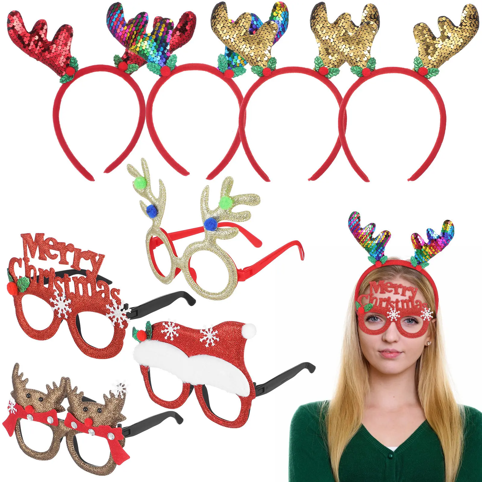 

8Pcs Christmas Hair Hoops and Xmas Fake Eyeglasses Set Festive Party Photo Props Bright Colorful Headbands for Adults