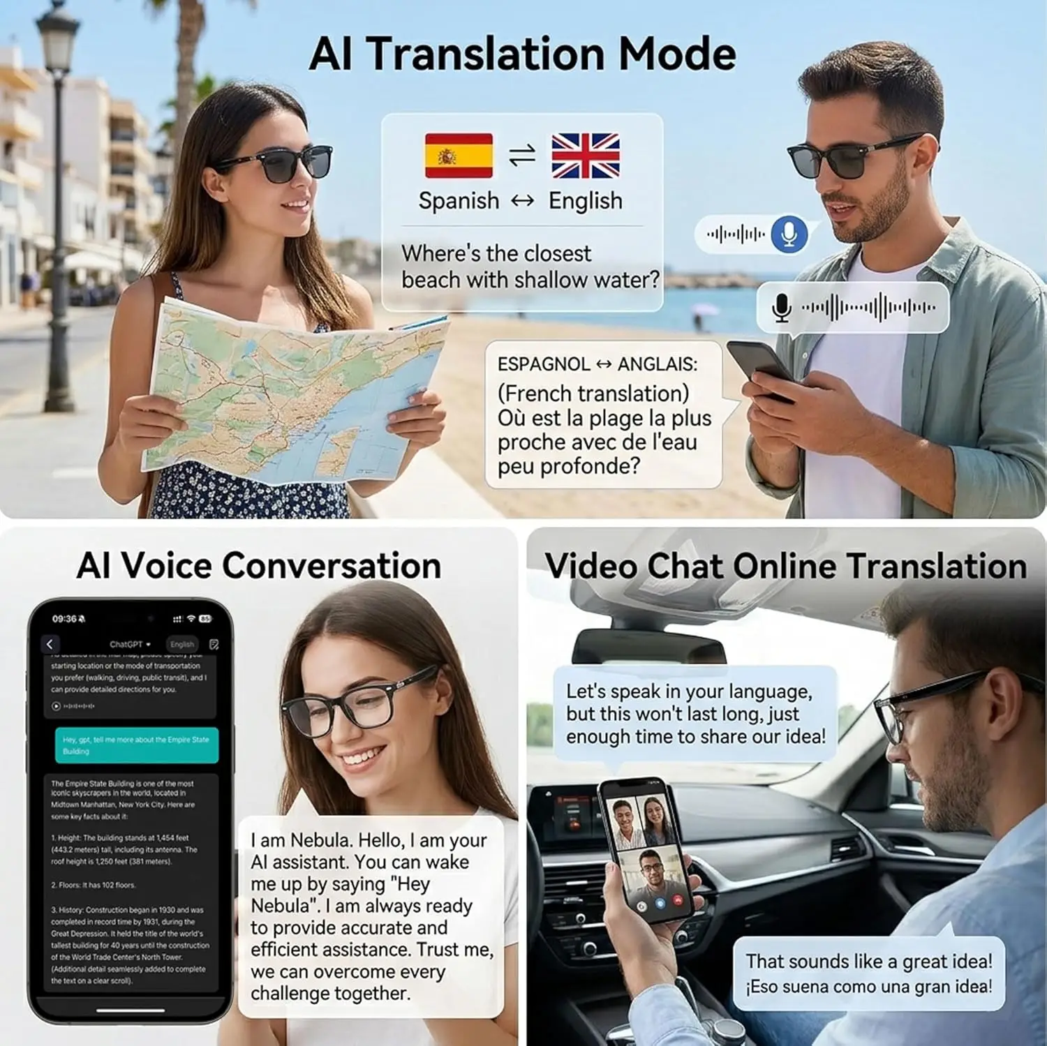 

Smart Audio Glasses with Real-Time Translation Hi-Fi Music Playback Noise-Cancelling Voice Calls And Photochromic Lenses