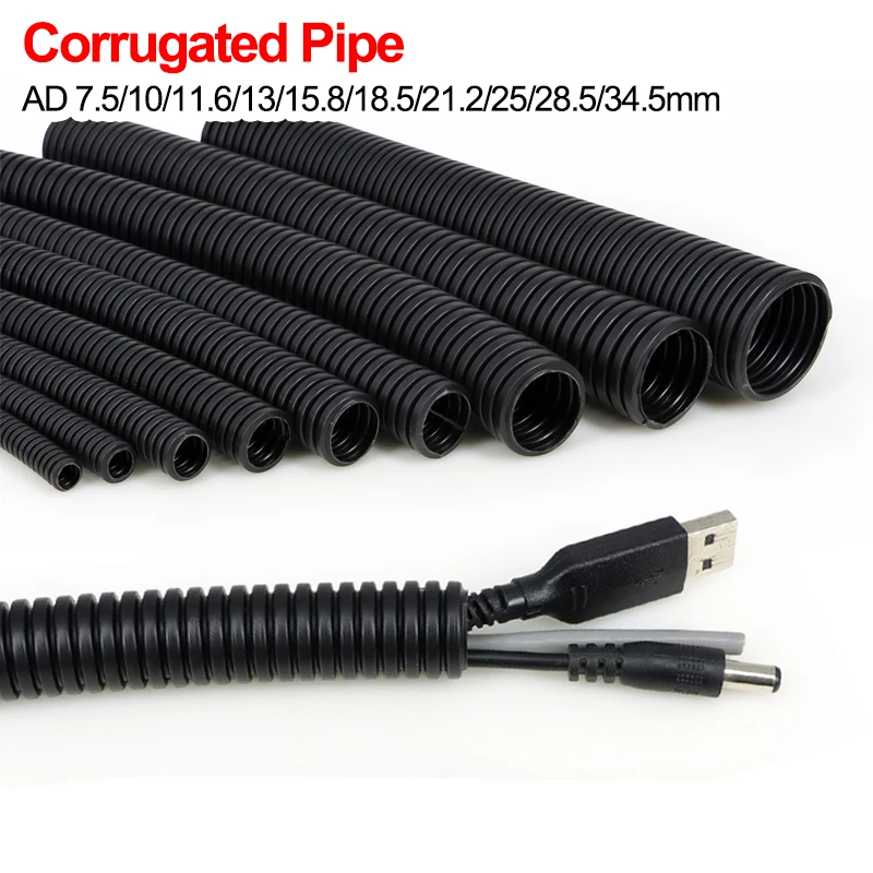 1/5/10m PP Corrugated Pipe AD 7.5 ~ 34.5mm Wire Harness Threaded Hose Plastic Auto Mechanical Line Protection Insulated Sleeving