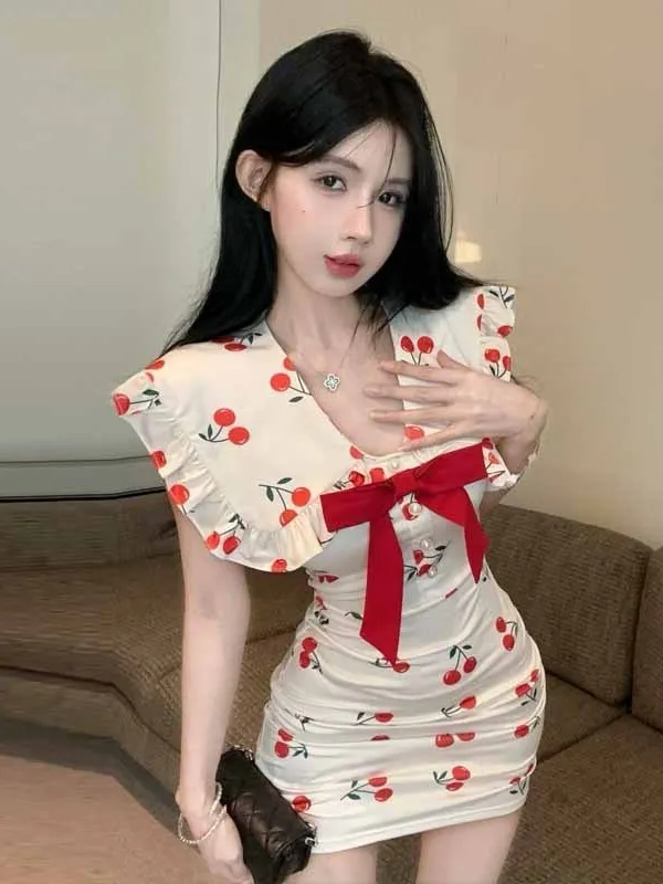 2024 Summer Sweet Spicy Girl Lotus Leaf Edge Bow Short Sleeve Low Collar Dress Women Cinching Waist Wrap Hip Short Dress EI4T