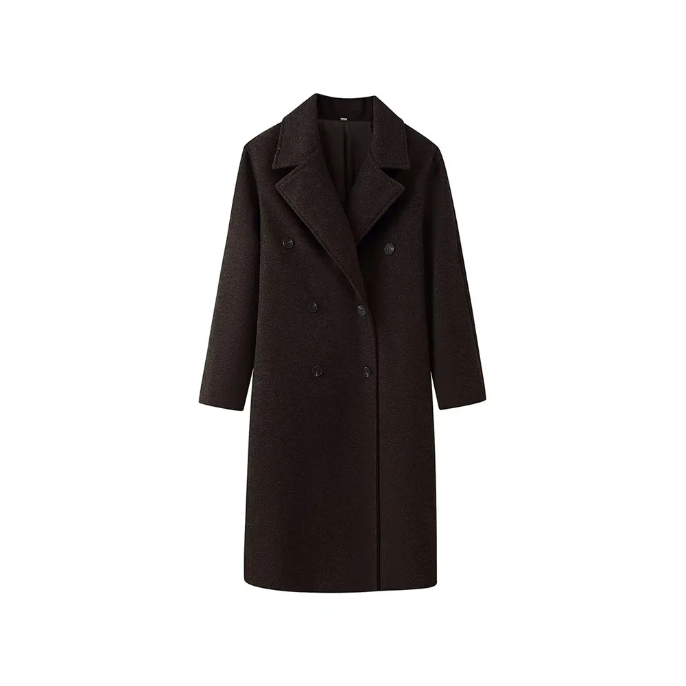 

Осеннее новое женское модное простое силуэтное смешанное двухрядное шерстяное пальто на пуговицах, куртка