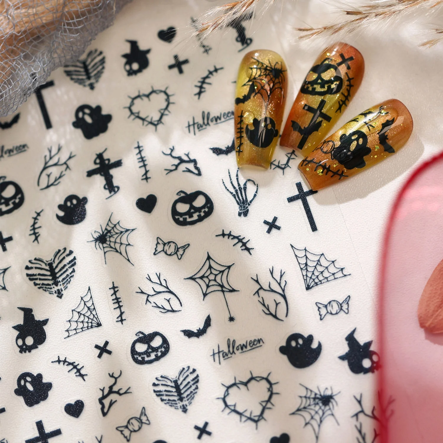 5D Halloween Kontur Skelett Kreuz Herz Totenkopf Kürbis Toter Zweig Spinnennetz Handfläche Knochen Nagel Aufkleber Selbstklebende Abziehbilder Maniküre