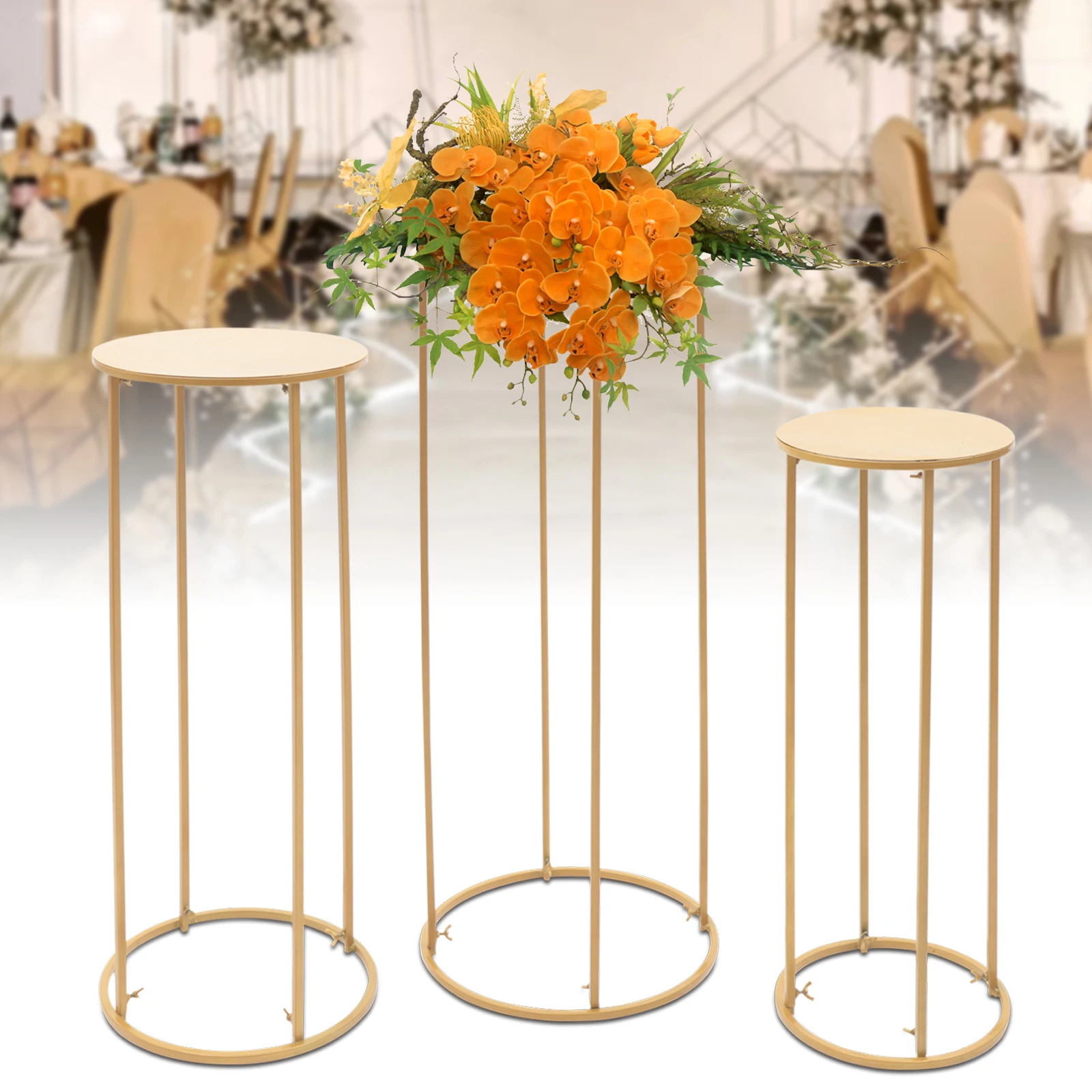 3Pcs Gold Flower Stands Metal Round Floor Vase Column Rack Wedding Centerpiece Prop Decor Display Holder for Wedding Party
