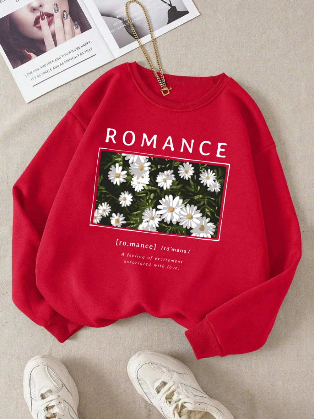 Romance Chrysanthemum Sweatshirt Womens Fresh Flower Print Hoodie Crewneck Loose Fleece Warm Tops Street Casual Woman Clothes