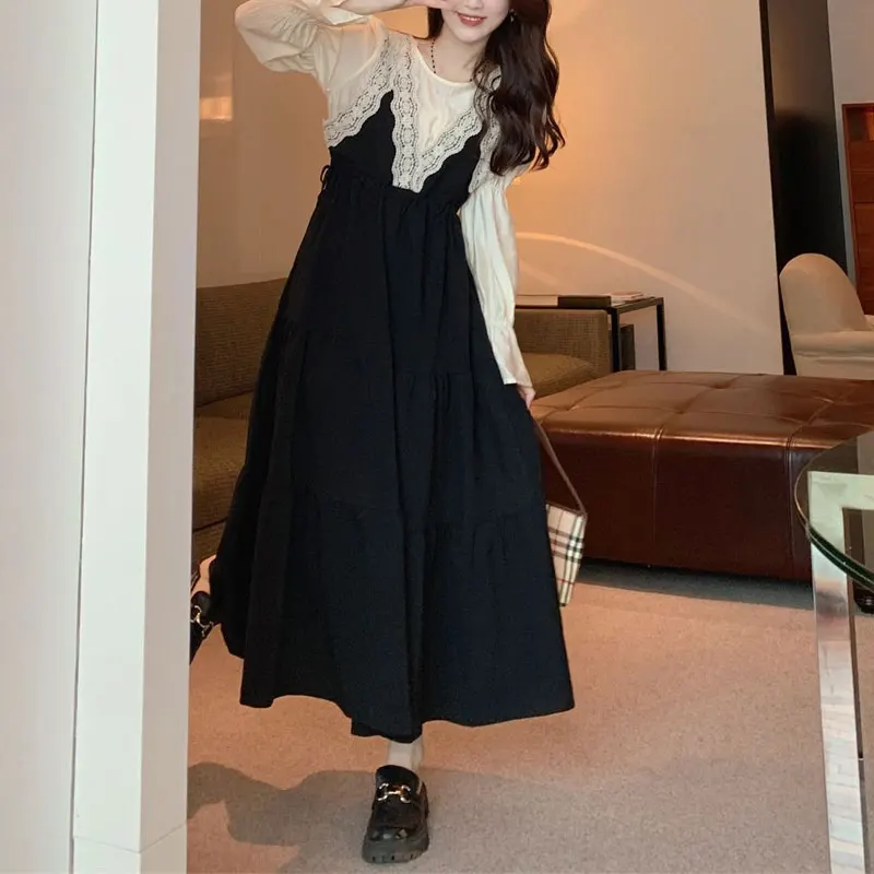 

Fake Two Pieces Patchwork Dresses Women's Clothing Elegant Chic Lace Spring Autumn O-Neck French Style A-Line Waist Midi Dress