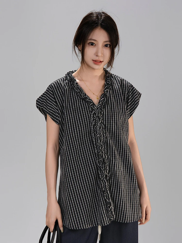 

Retro Style Thin V-Neck Shirt with Fly Sleeve And Plaid Pattern Loose Fit Summer Top for Women Artisanal Cotton Casual Wear