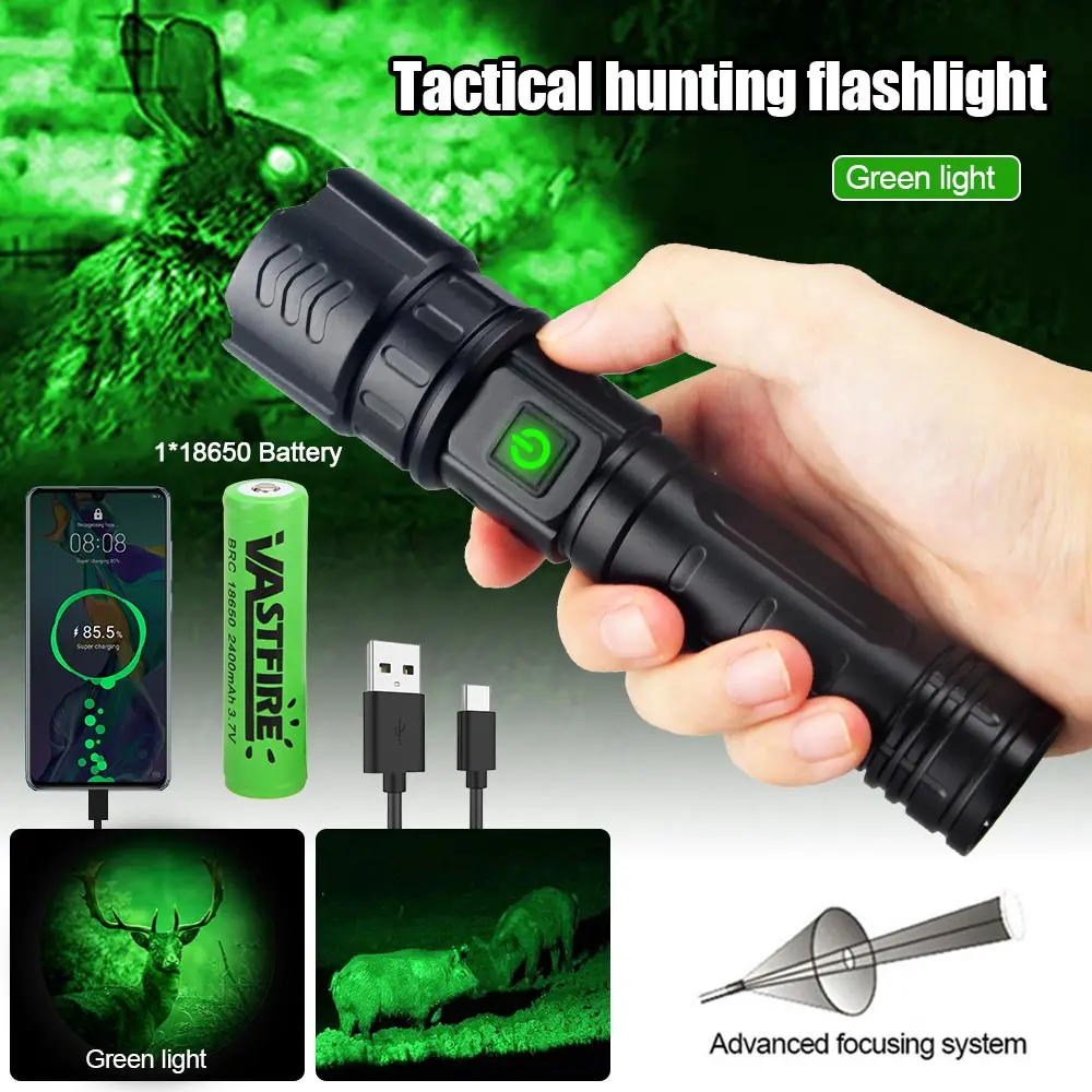 Lampe de poche zoomable LED professionnelle pour la chasse, torche verte, lanterne aste, lumière de nuit, interrupteur à pression, clip de odor