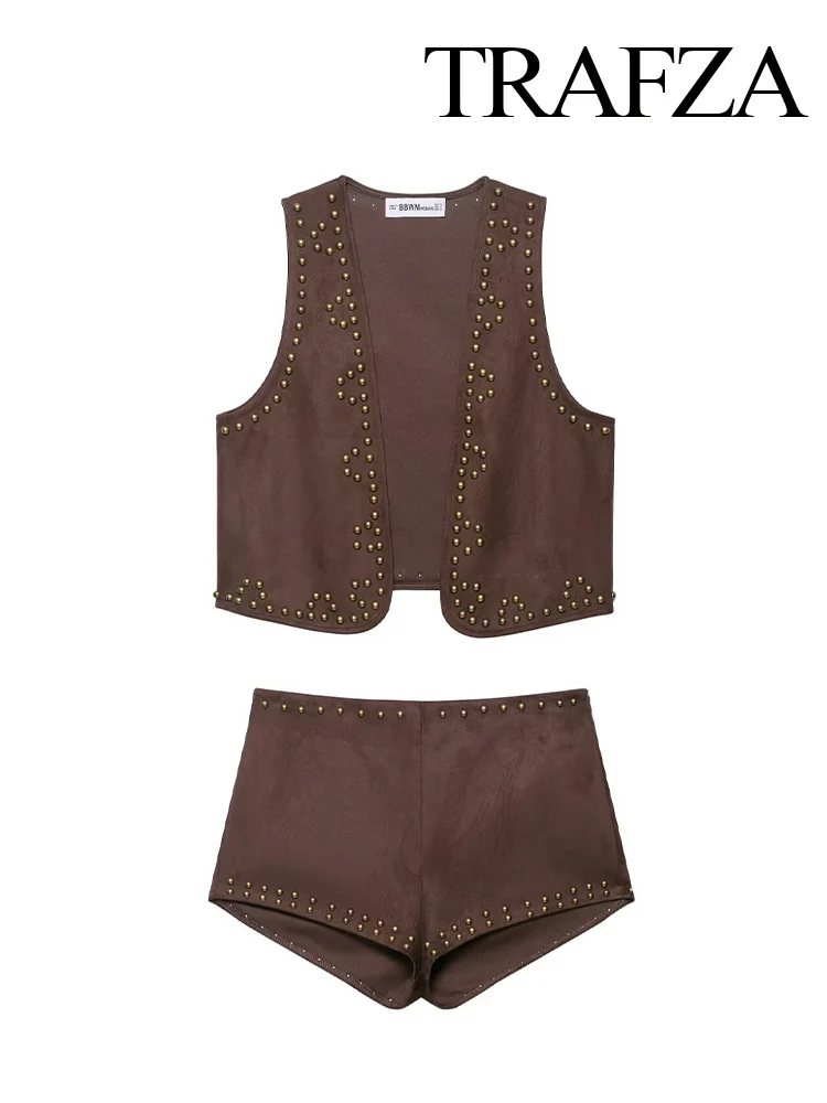 

TRAFZA Women Fashion Retro Reverse Velvet Effect Rivet Sleeveless Waistcoat+High Street A-line Side Zipper Casual Shorts Suit