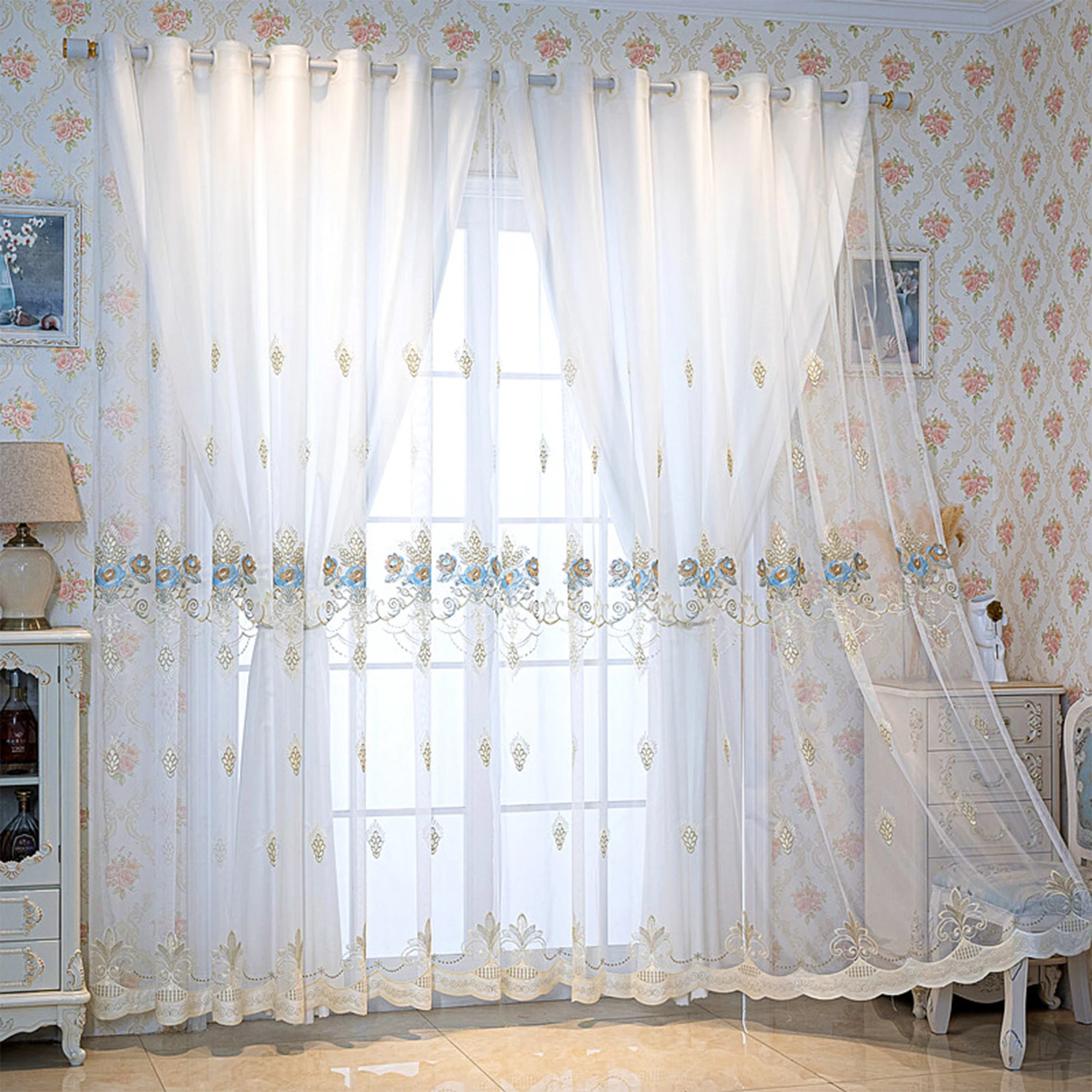 

1pc European Style Blackout Curtains,Double Layer Thickened Lace Curtain for Living Room & Bedroom,Embroidered Pattern Design