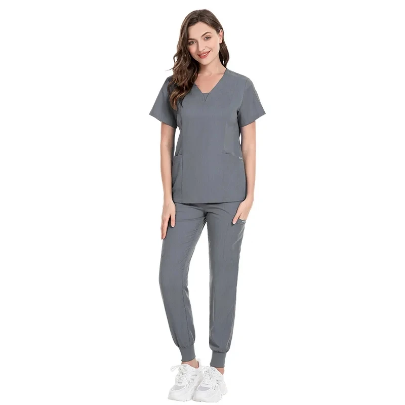 Multicolour Jogger Suits Doctor Nursing Uniforms Short Sleeve V-neck Tops Pocket Pants Nurse Scrubs Set Medical Clinical Clothes