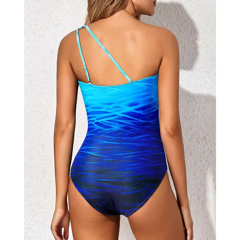 Traje de baño de una pieza con estampado asimétrico de un solo hombro, traje de baño de Bikini de cintura alta para mujer