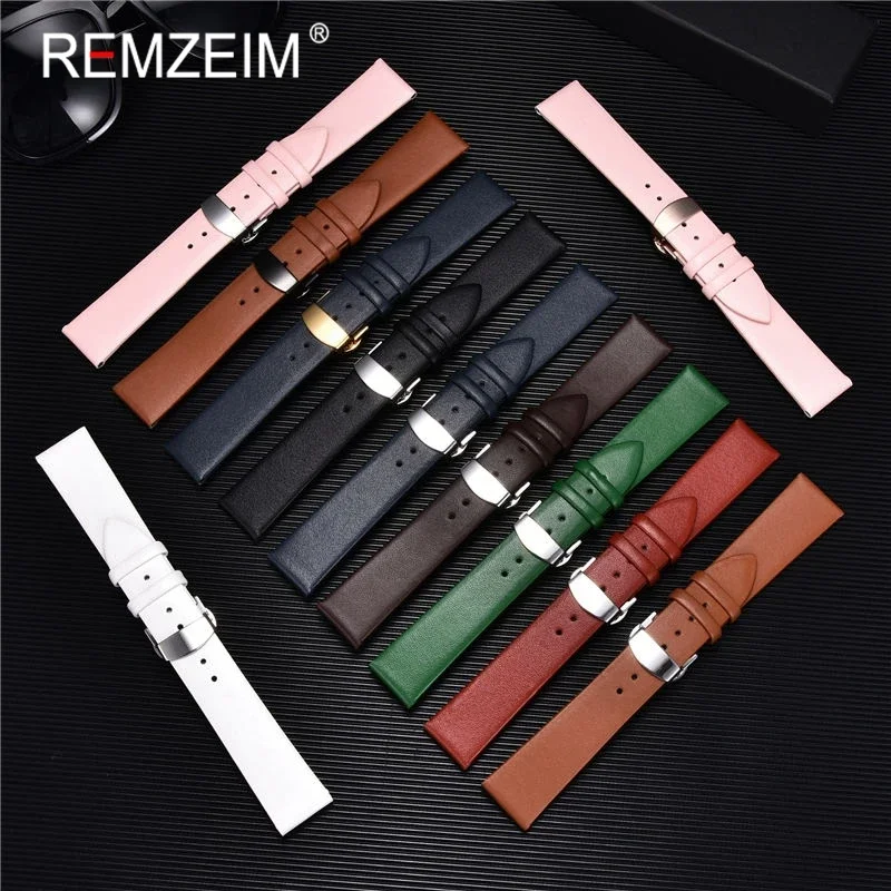 Smooth Genuine Calfskin Leather Watchband 18mm 20mm 22mm Straps with Solid Automatic Butterfly Buckle Business Watch Band + Tool