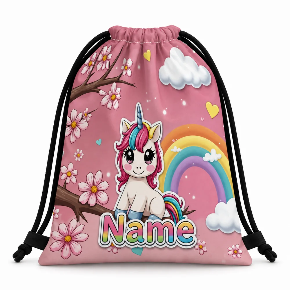 1Pc Custom Name/Text Cute Unicorn Pattern Drawstring Backpack, Lightweight Sports Bag, Gym Storage Bag, Outdoor Travel Rucksack