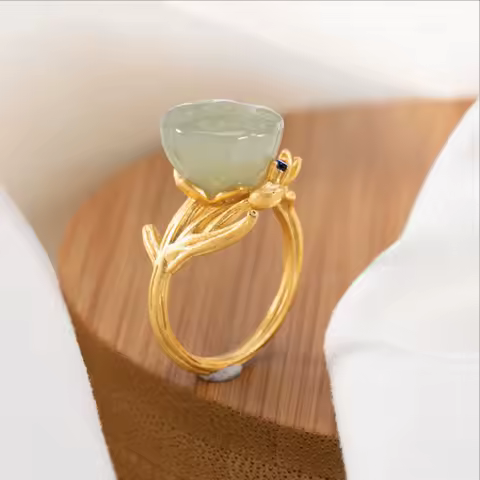 Ancient gold craftsmanship inlaid natural Hetian jade lotus peng rings for women simple fashion crystal design classic jewelry
