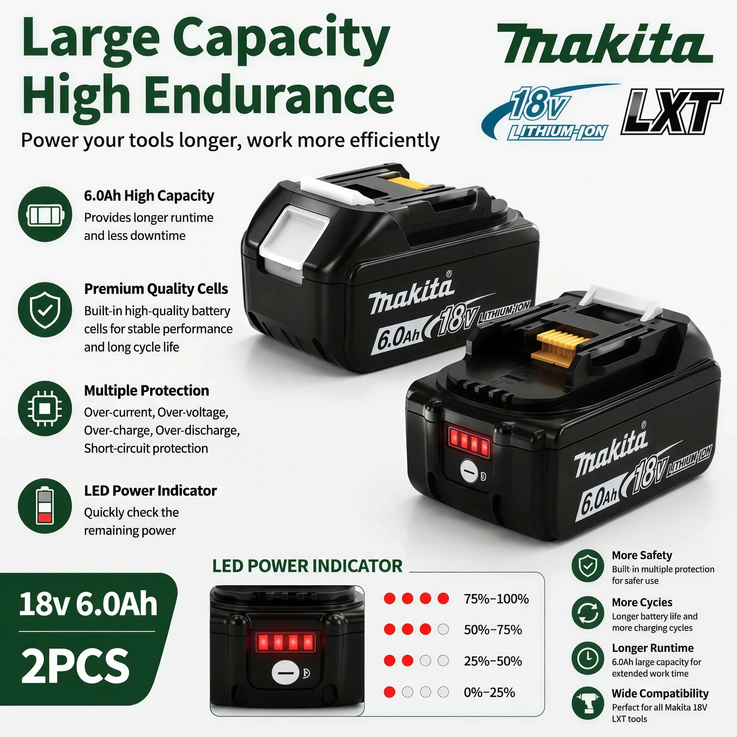 Genuine Makita BL1860 6AH Li-ion Battery Power Tools Replacement 18V Screwdriver 6AH Capacity LXT BL1850 BL1840 with BMS 18v Bat - view 3