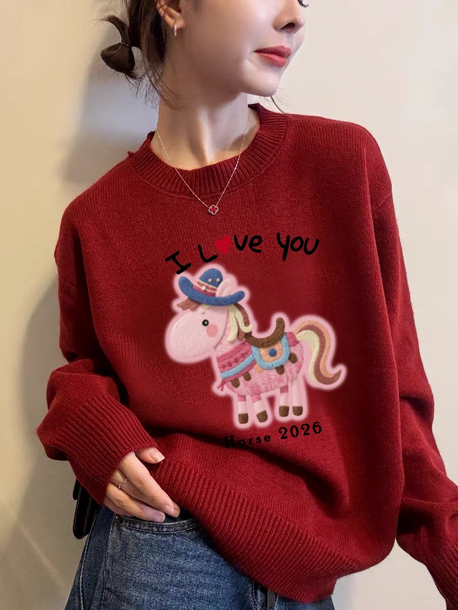 

Красный вязаный свитер женский, новинка ранней весны, милый, с принтом, свободный крой, теплый, для празднования Нового года, модный...