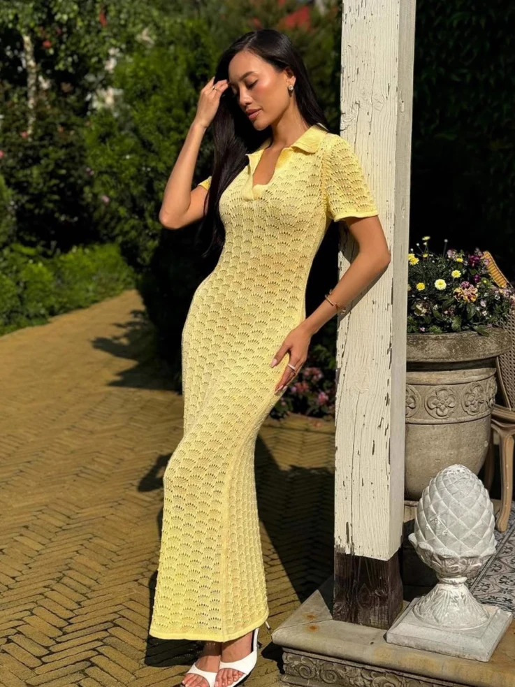 

2025 summer new solid color knitted hollow lapel straight sleeve short sleeve ankle-length beach fashion casual slim sexy dress