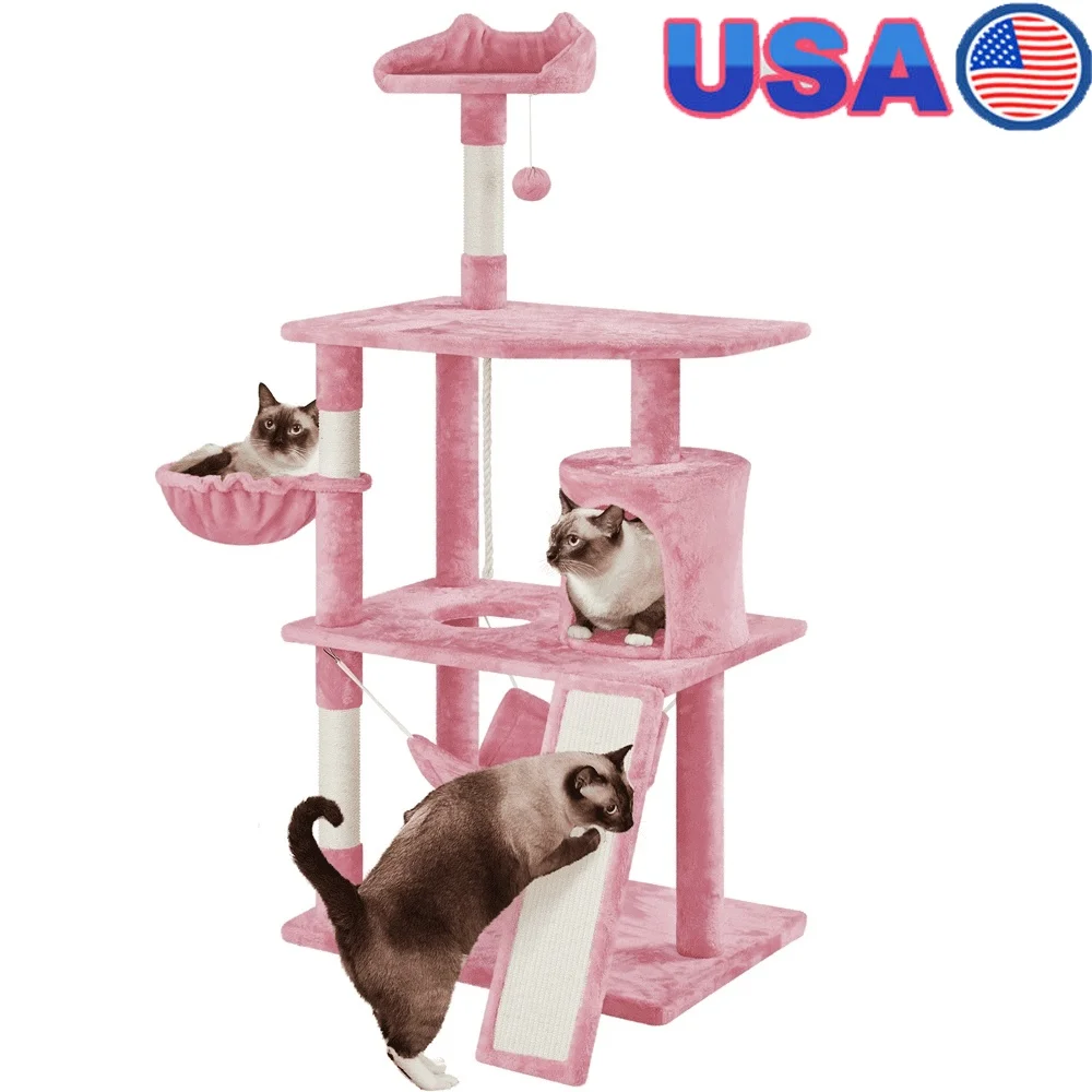 Condo de árbol para gatos de varios niveles con hamaca, cesta para rascar, gatos pequeños y medianos, madera de sisal de felpa de 63,5 pulgadas