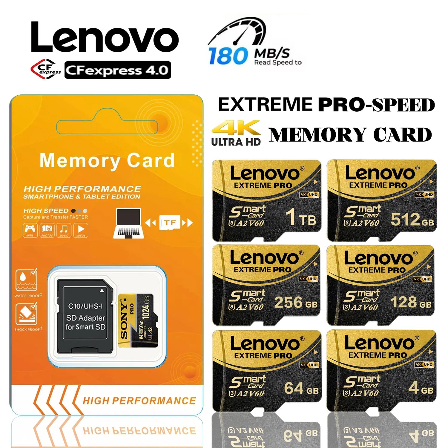 Image of Lenovo Ultra SD-Speicherkarte, extrem schnelle Micro-TF-SD-Karte, 128 GB, 256 GB, 512 GB, 1 TB, V60, A2, U3, Mini-Flash-Karten für Telefonkamera und PC