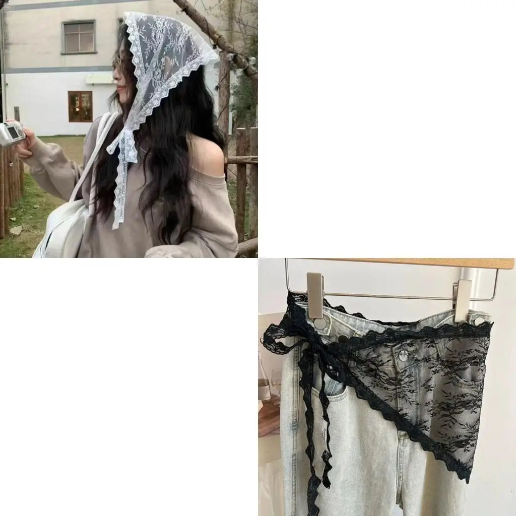 

Корейская летняя сетчатая юбка с цветочным кружевным декором, регулируемый пояс, треугольный многослойный дизайн, кружевной для