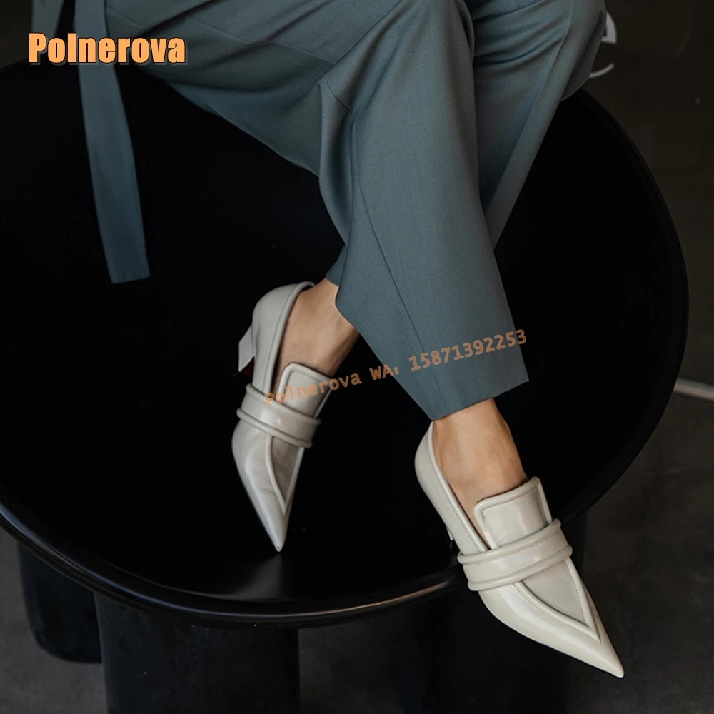 White Pointed Toe Shallow Slip-On Loafers Retro Strange Style Solid Patchwork Women Cowhide Leather Pumps 2024 New Style Casual