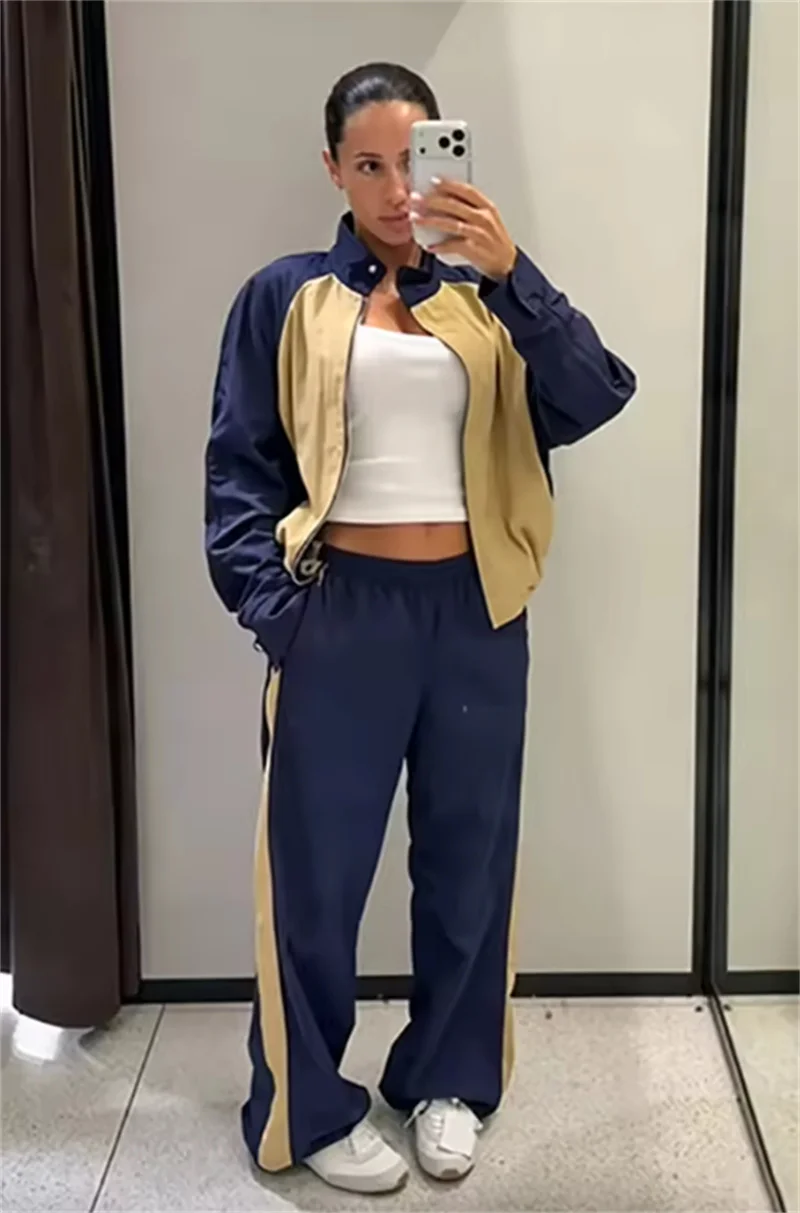 FANAN Guobioziy Women's Jacket 2026 Autumn New Arrival Navy Blue Khaki Color-Blocked Loose Jacket Parka Casual Fashion Sport