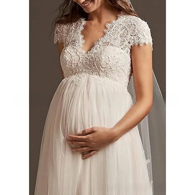 Robe de mariée en dentelle blanche, taille haute, grande taille, pour femmes enceintes, petit Train, t-shirt en Fiber d'acétate, ort Sve