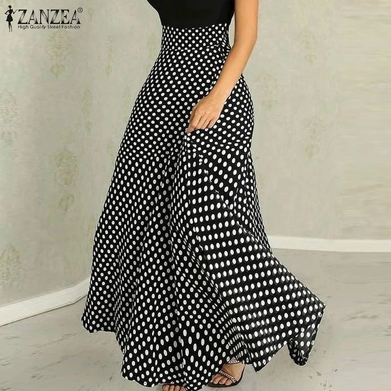 ZANZEA Women's Polka Dot Maxi Skirt Elegant High Waist Back Zipper Loose A-Line Swing Skirts Autumn Fashion Commute Streetwear