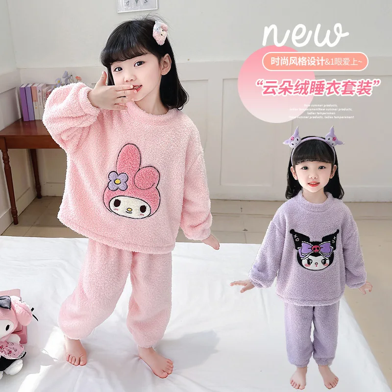 

Hello Kitty Anime Kawaii Sanrio Flannel Hooded Pants Pajamas Autumn Winter Cute My Melody Coral Velvet Homewear Clothing Toys