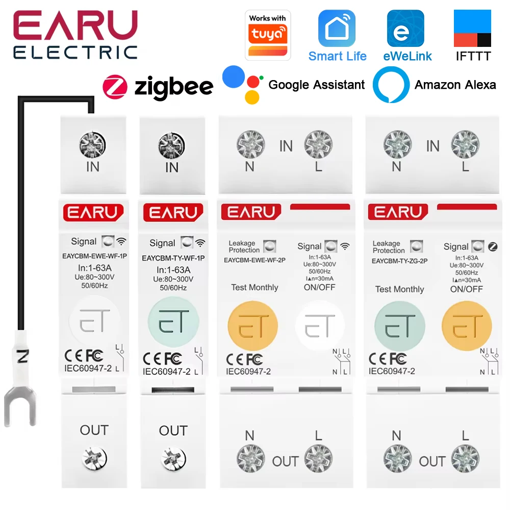 EARU Tuya EWeLink WiFi ZigBee Smart MCB Circuit Breaker kWh Energy Meter Voltage Current Protector Relay Switch Remote Control