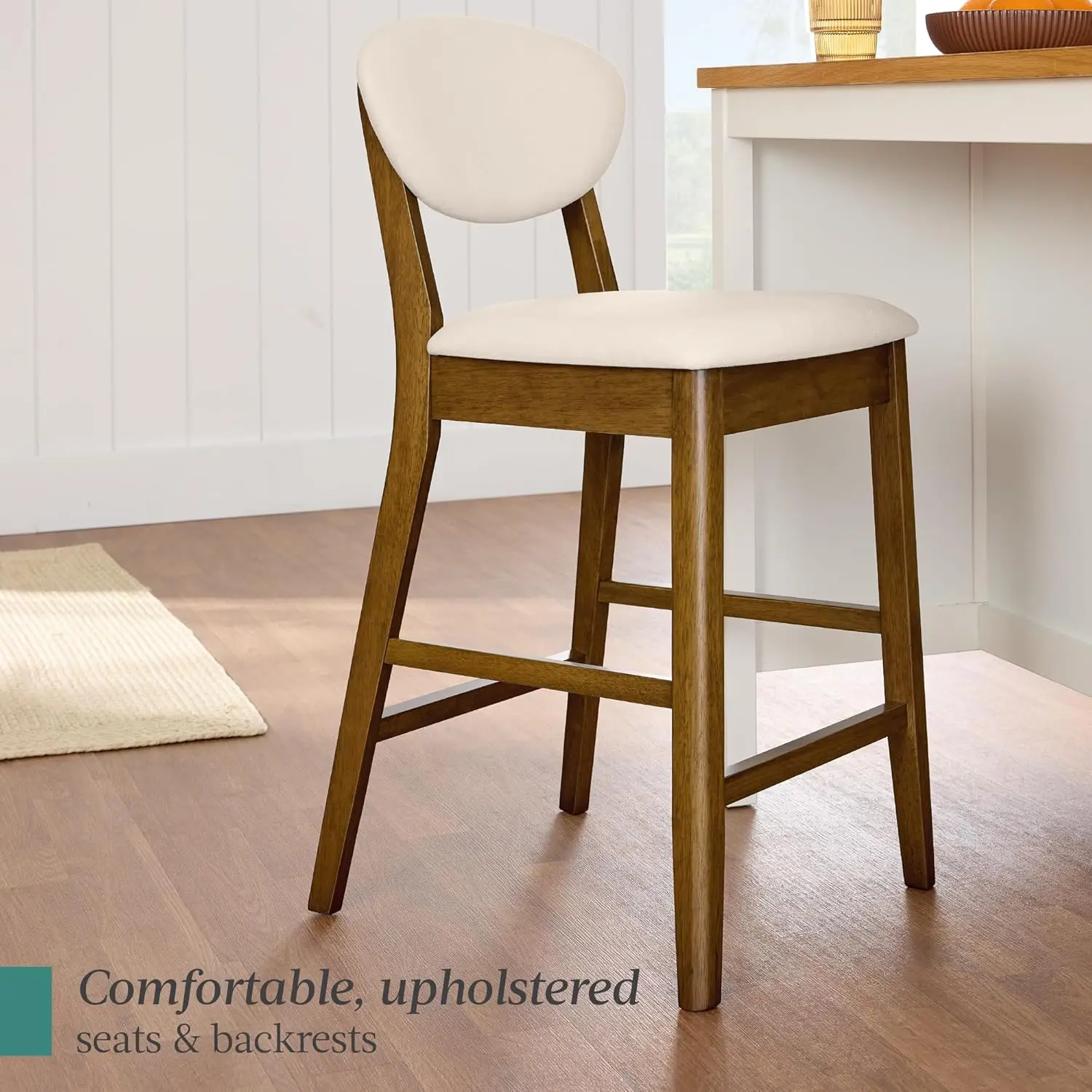 Set of 2 Counter-Height Bar Stools, Mid-Century Modern, Armless Wood Stools W/Upholstered Seat Cushion, Customized