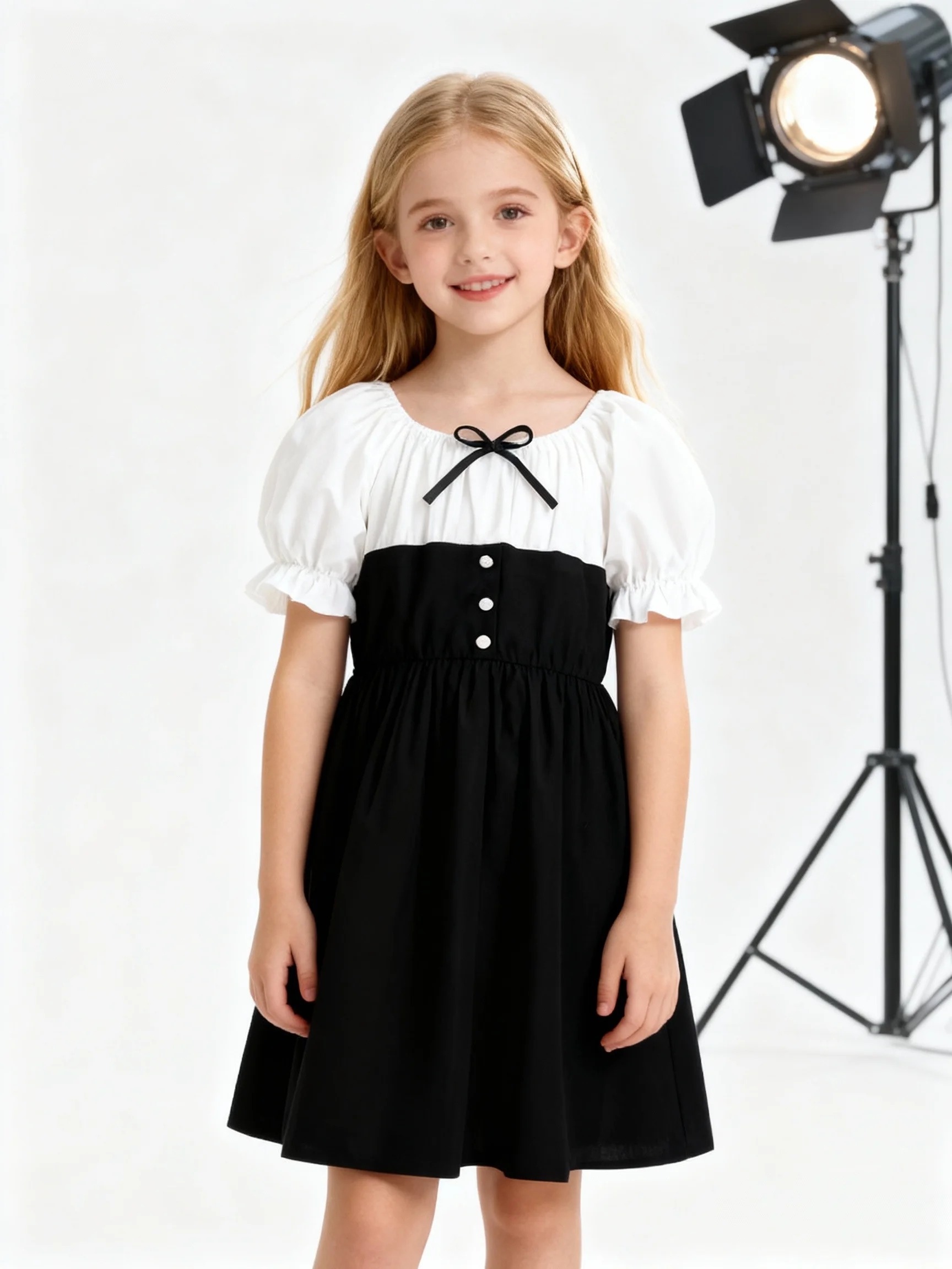 فستان صيفي للفتيات برقبة مربعة وأكمام فقاعية بلون سادة مع حزام الخصر والتخسيس