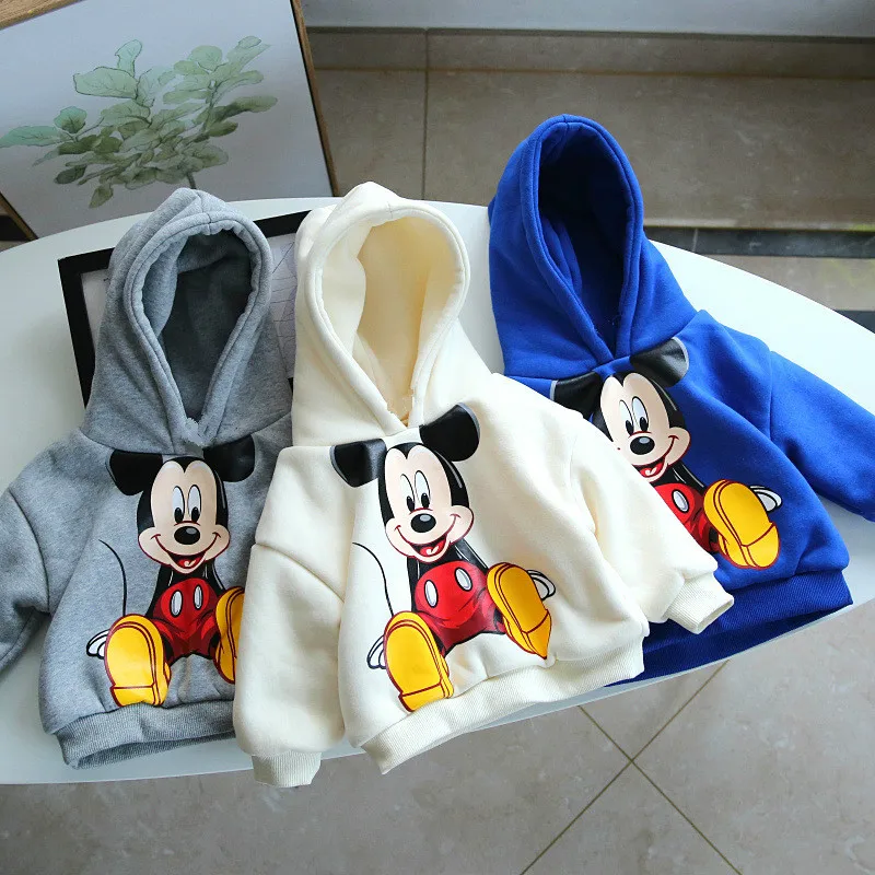 2022 Children\'s Hooded Sweater Autumn and Winter Plus Velvet Boys and Girls Cartoon Mickey Warm Jacket Tops Baby Bottoming Shirt