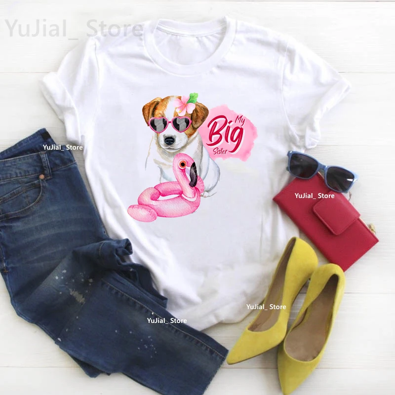 Camiseta con estampado de My Big Sister Is Jack Russell Terrier/Chihuahua para niñas, camiseta de perro con flores rosas, camiseta Harajuku para mujer