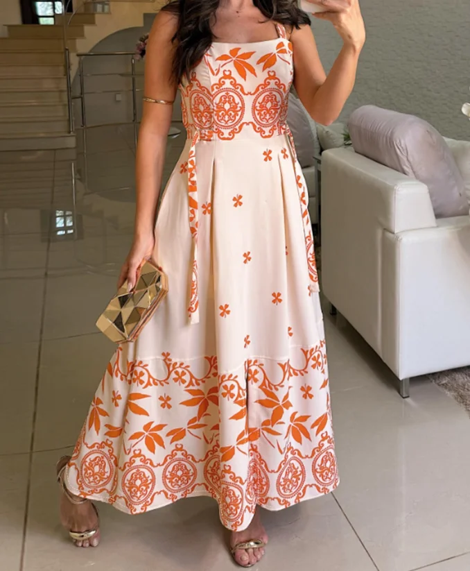 

Printed square neck sleeveless A-line dress, casual shirt with waist tie details, long skirt with pockets, summer new style